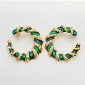 Avon Vintage Green Gold Enamel Hoops Pierced